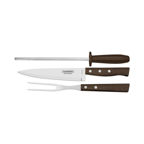 Jogo para Churrasco Tramontina em Aço Inox com Cabo Marrom Madeira e Polipropileno 3 Peças