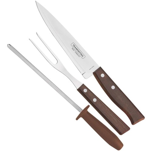 Jogo para Churrasco Tramontina em Aço Inox com Cabo Marrom Madeira e Polipropileno 3 Peças