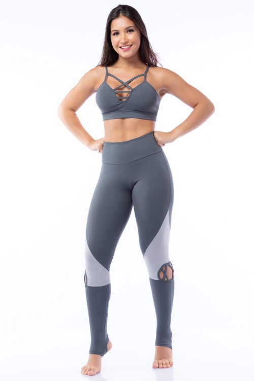 Calça Legging Poliamida Pezinho com Tiras Grafite