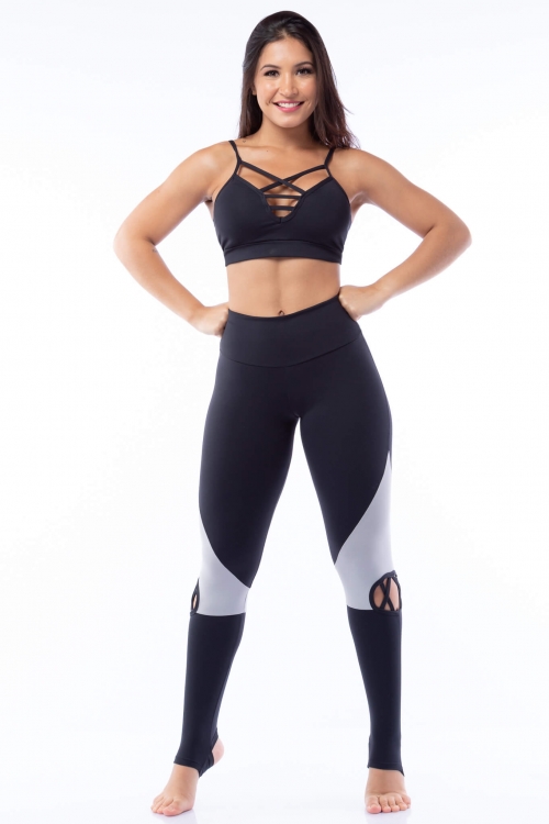 Calça Legging Poliamida Pezinho com Tiras Preta