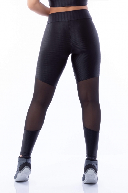 Calça Legging Poliamida Brilho com Tule Sport Preta