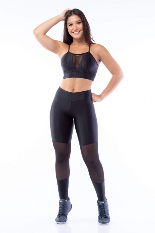 Calça Legging Poliamida Brilho com Tule Sport Preta