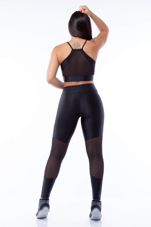 Calça Legging Poliamida Brilho com Tule Sport Preta