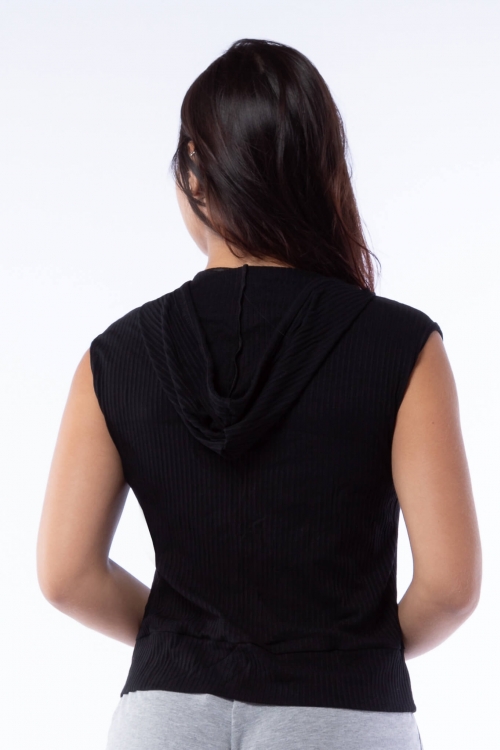 Blusa Colete Fitness Canelado com Capuz Preto