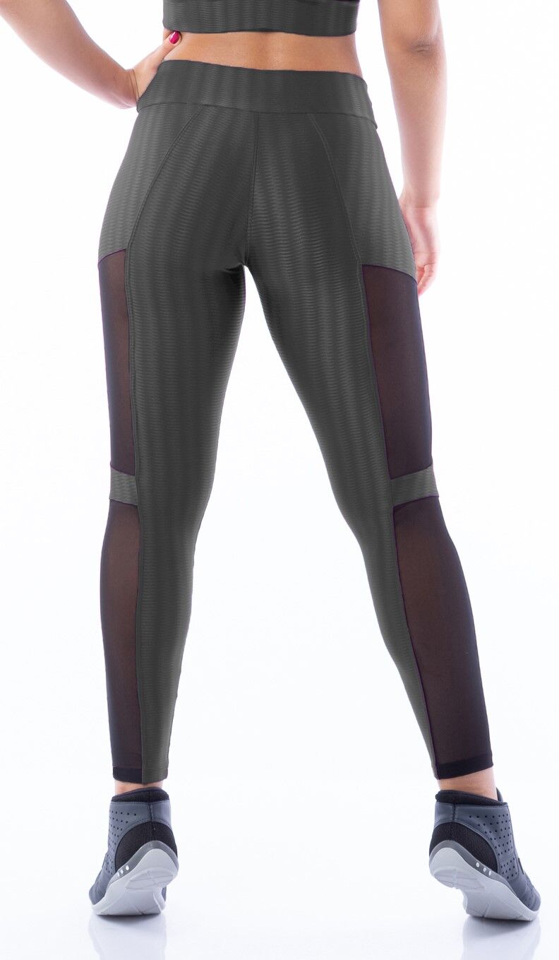 Calça Legging Poliamida Brilho Grafite com recortes Tule Sport