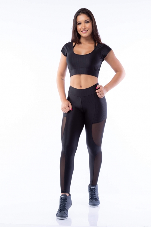 Top Cropped com Manga Poliamida Brilho Preto
