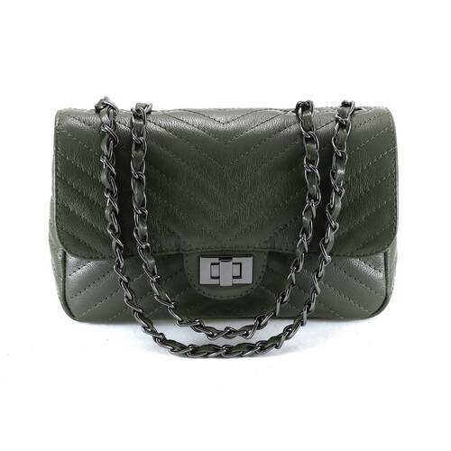 VERSALHES MÉDIA Bolsa de corrente em couro legítimo verde militar matelassê chevron