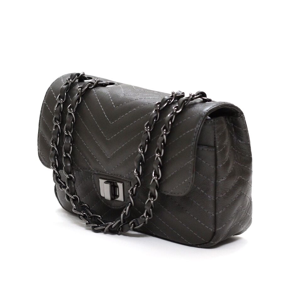 VERSALHES MÉDIA Bolsa de corrente em couro legítimo cinza chumbo matelassê chevron