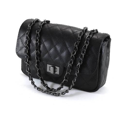 VERSALHES MÉDIA Bolsa de corrente em couro legítimo preta com metais ônix matelassê tradicional