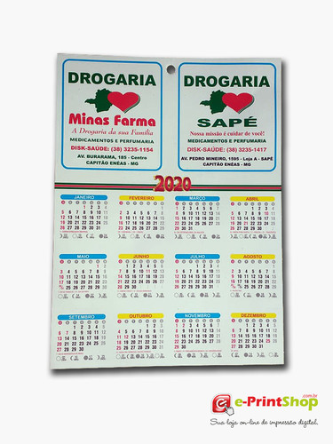 Folhinhas / Calendário de Parede - 20x27 cm - Couchê 250g - Verniz UV Brilho Frente