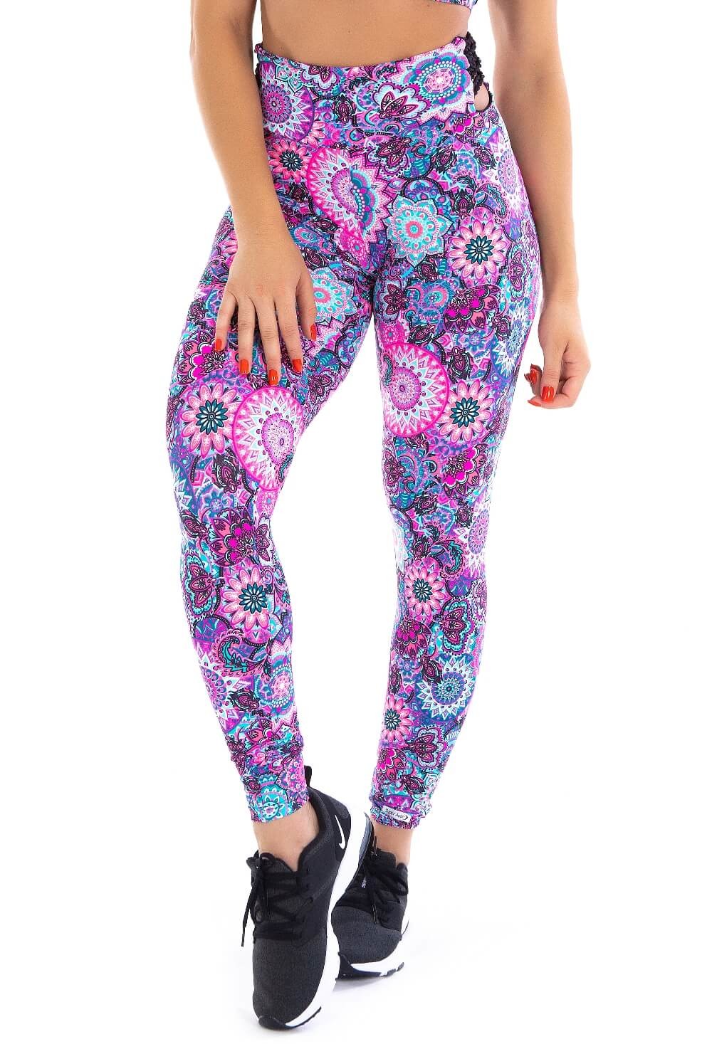 Calça Legging Fitness Tiras Torcidas Cós Estampa Mandalas.