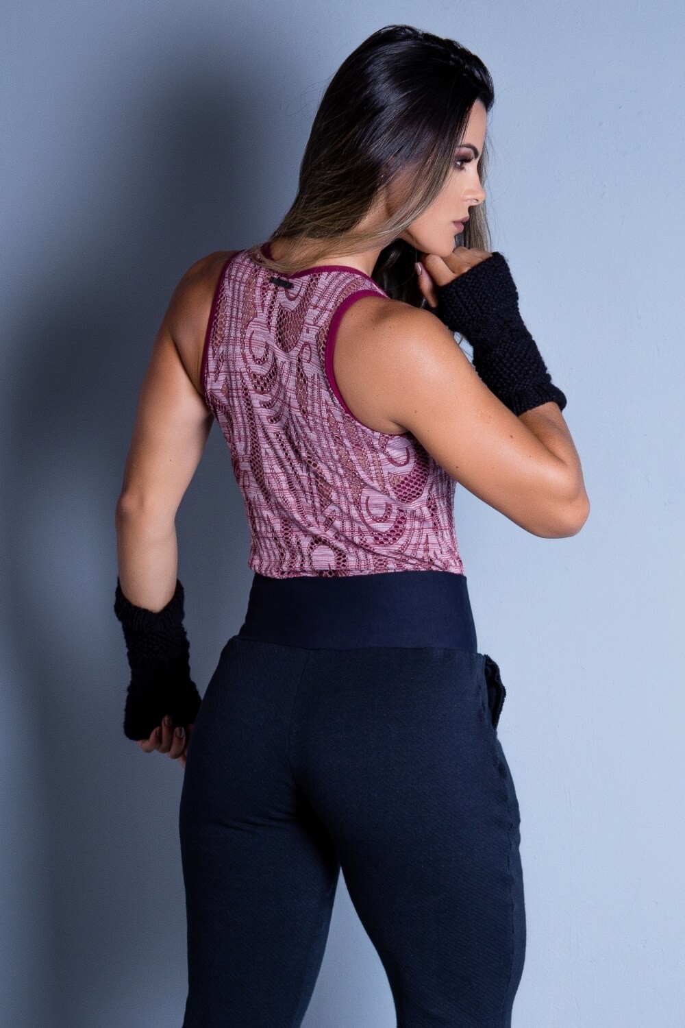 Body Fitness Casual Tela Rendada Vinho