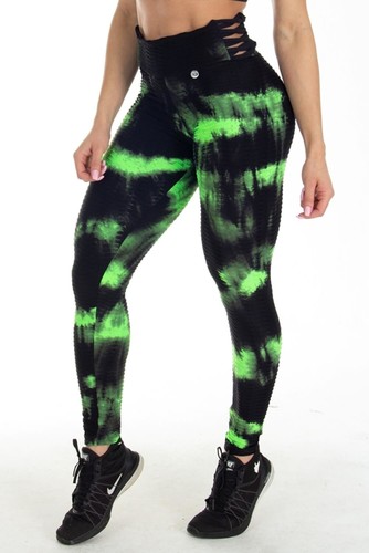 Calça Legging Tiras Laterais Estampa Tie Dye Preta e Verde